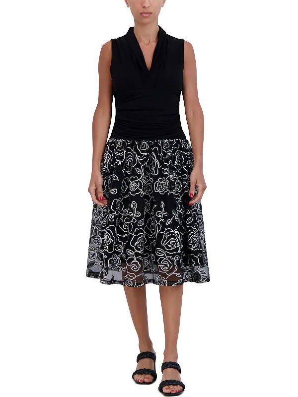Chic And Comfortable Womens Embroidered Mesh Overlay Fit & Flare Dress