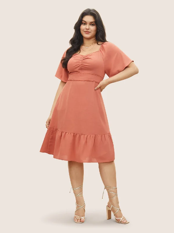Women's Clothing Plain Pompom Trim Ruched Patchwork Dress