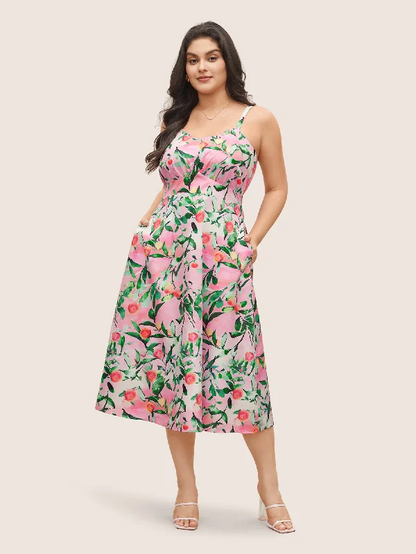 Women's Date Night Outfit Citrus Fruit Print Frill Trim Pocket Cami Dress