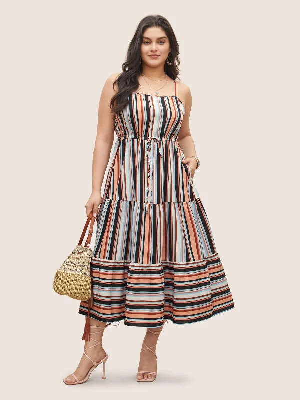 Trendy Women's Outfits for Casual Wear Color Striped Drawstring Ruffle Hem Dress