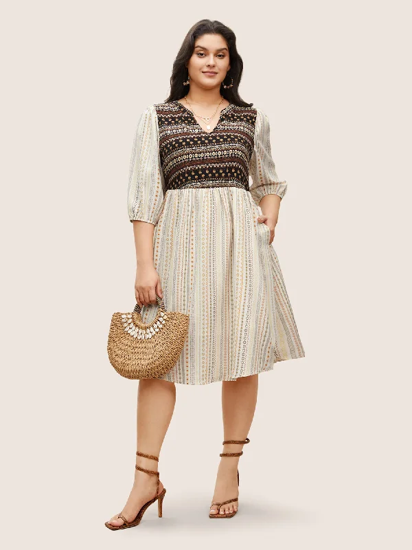 Women's Tailored Outfit Bandana Striped Patchwork Notched Lantern Sleeve Dress