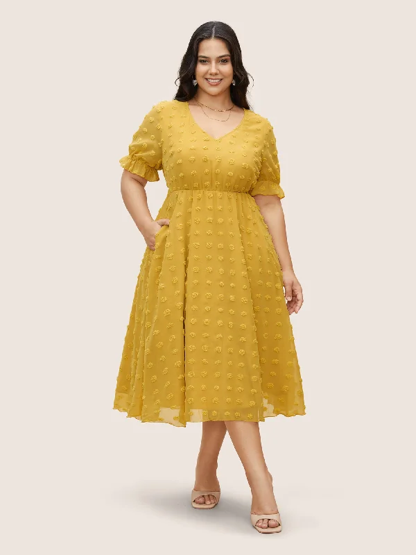 Women's Outerwear Garments Chiffon Plisse V Neck Elastic Waist Dress