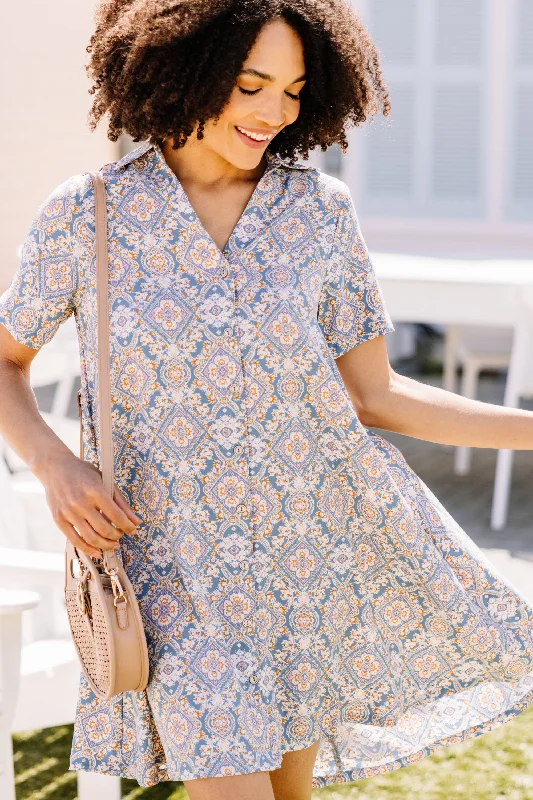 Women's Outerwear for All Weather Conditions Finish What You Started Blue Button Down Dress