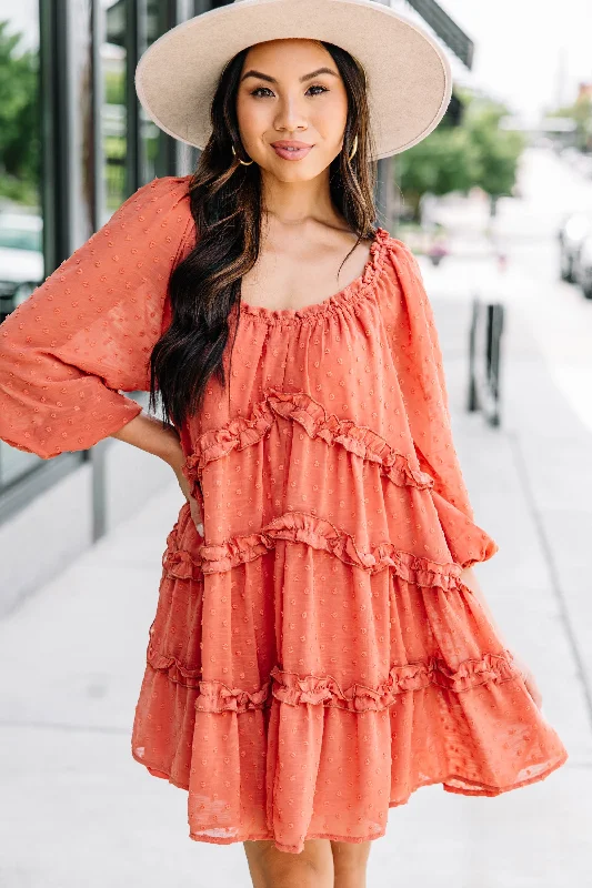 Business Casual Outfits All Up To You Rust Orange Swiss Dot Dress