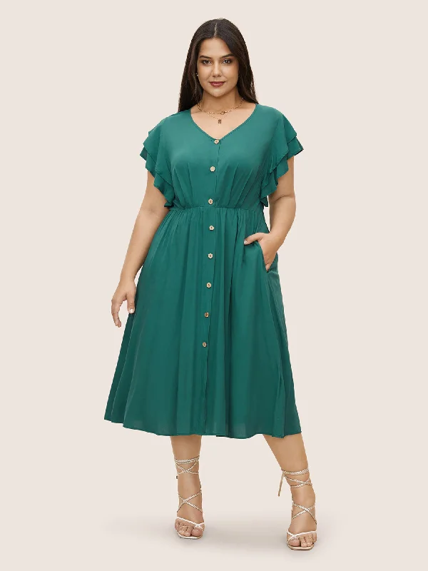 Trendy Fashion For Women Citrus Solid Tiered Ruffle Cap Sleeve Button Detail Dress