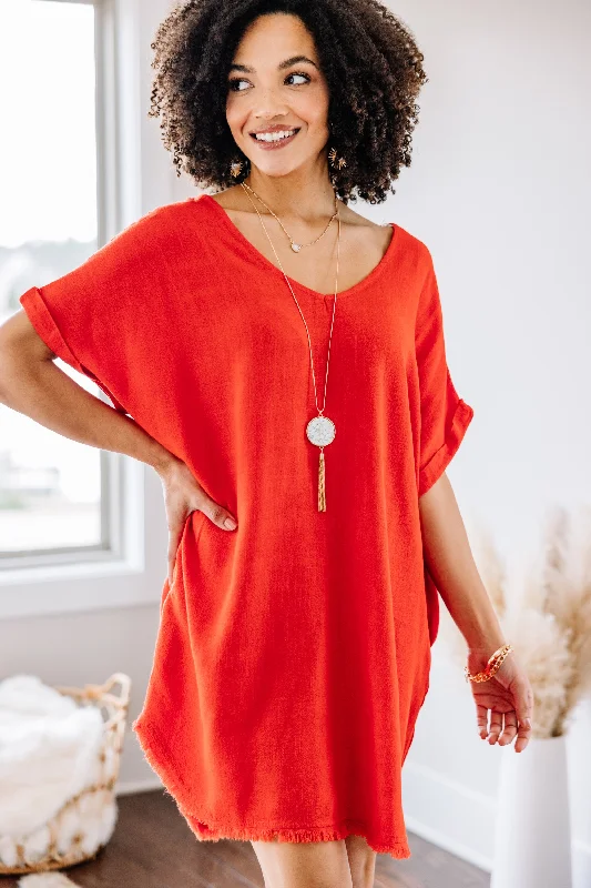 Versatile Women's Fashion Let's Go Poppy Red Frayed Hem Dress