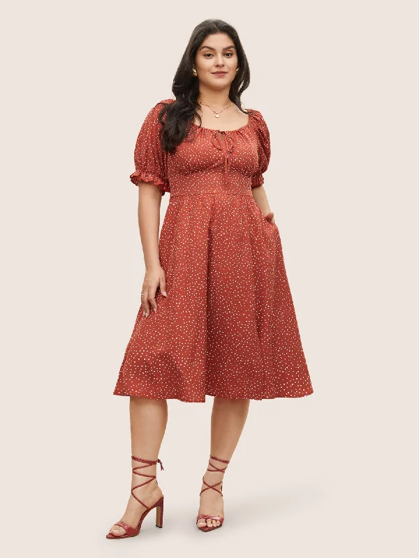 Fashionable Women's Wardrobe Polka Dot Ties Lantern Sleeve Gathered Dress