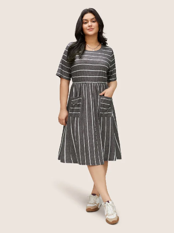 Women's Comfortable Clothes For Weekends Striped Patched Pocket Elastic Waist Dress