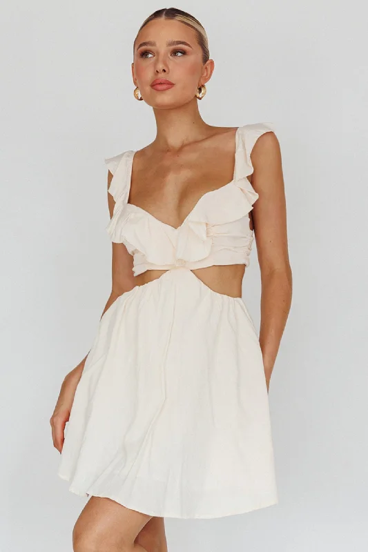 Women's Vacation Outfit Revel Ruffle Trim Cut-Out Waist Dress Ivory