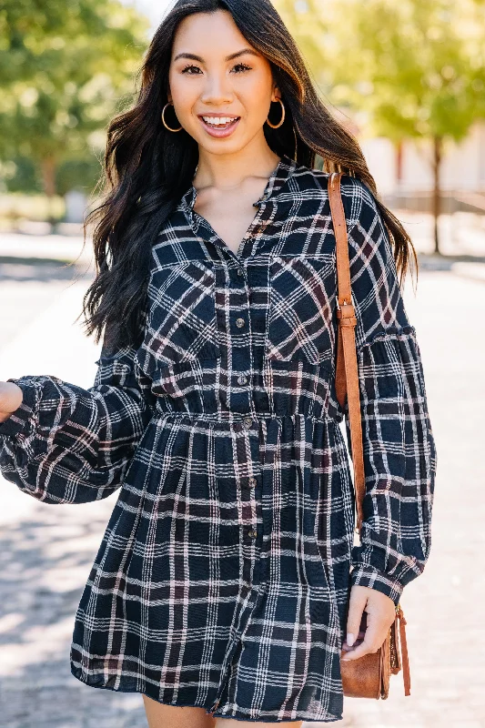 Women's Trendy Clothing Fall Experiences Navy Blue Plaid Dress