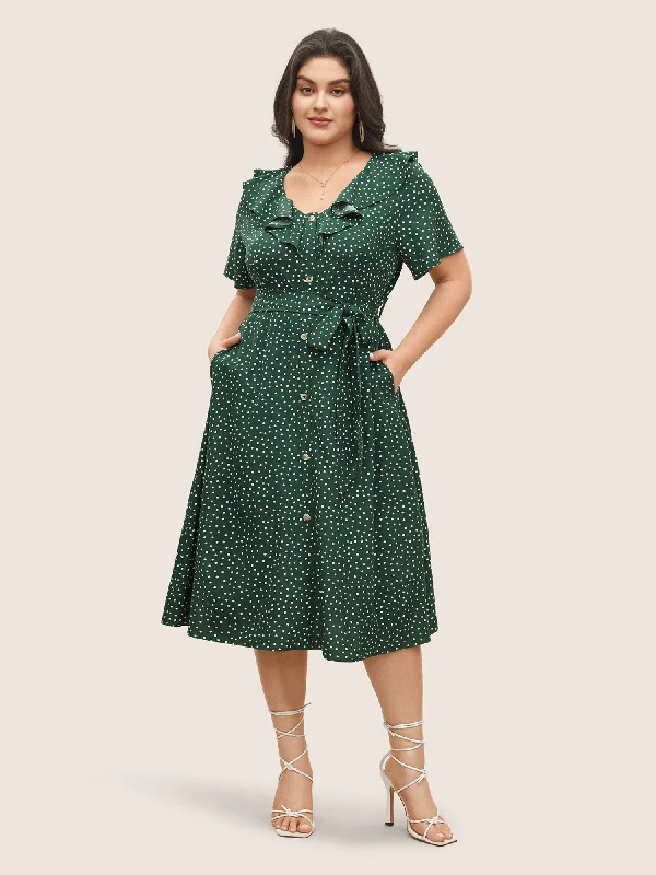 Women's Trendy Outfit Polka Dot Flutter Trim Belted Button Detail Dress
