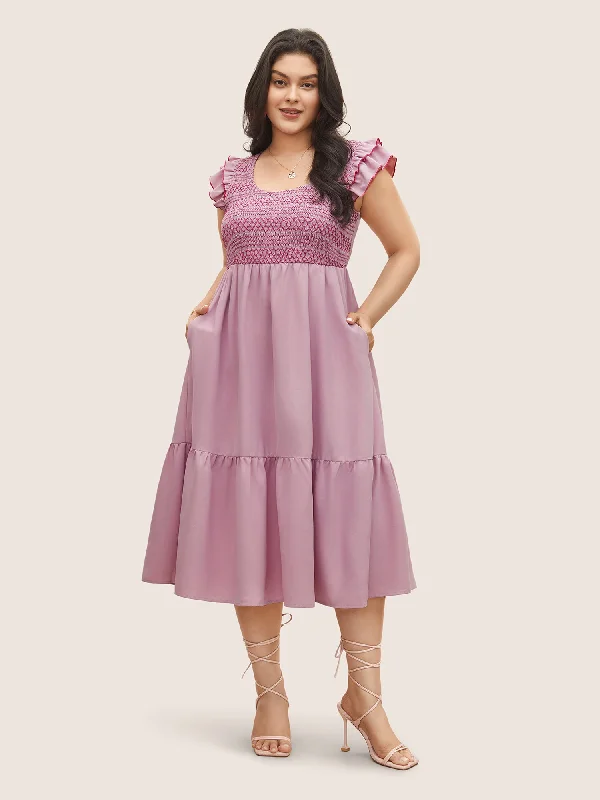 Trendy Women's Apparel for All Seasons Plain Shirred Tiered Flounce Sleeve Dress