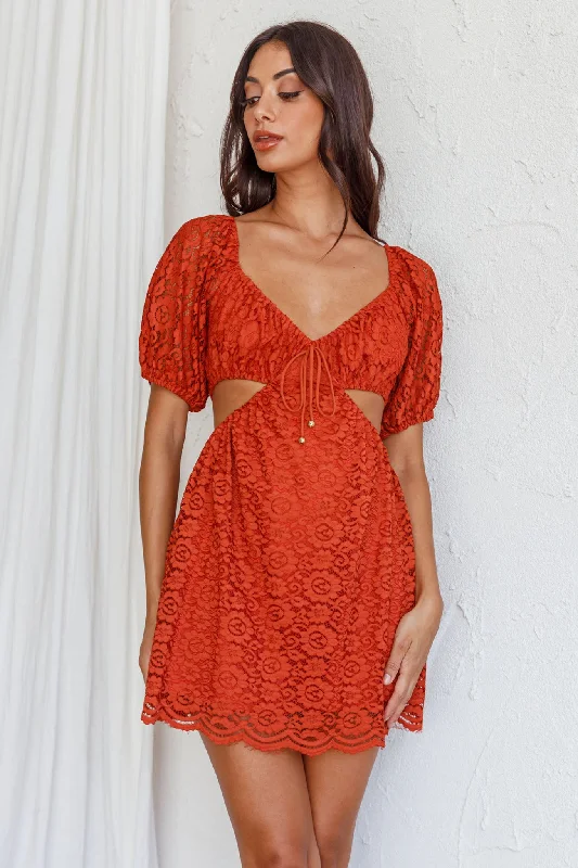 Women's Activewear Garments Feelin' Good Cut-Out Waist Lace Dress Rust