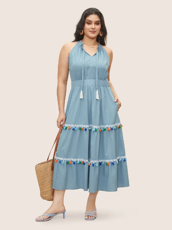 Affordable Fashion Clothing For Women Colored Frayed Hem Knot Neck Frill Trim Dress
