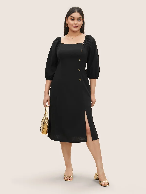 Women's Clothes For Work Square Neck Button Detail Gathered Split Side Dress