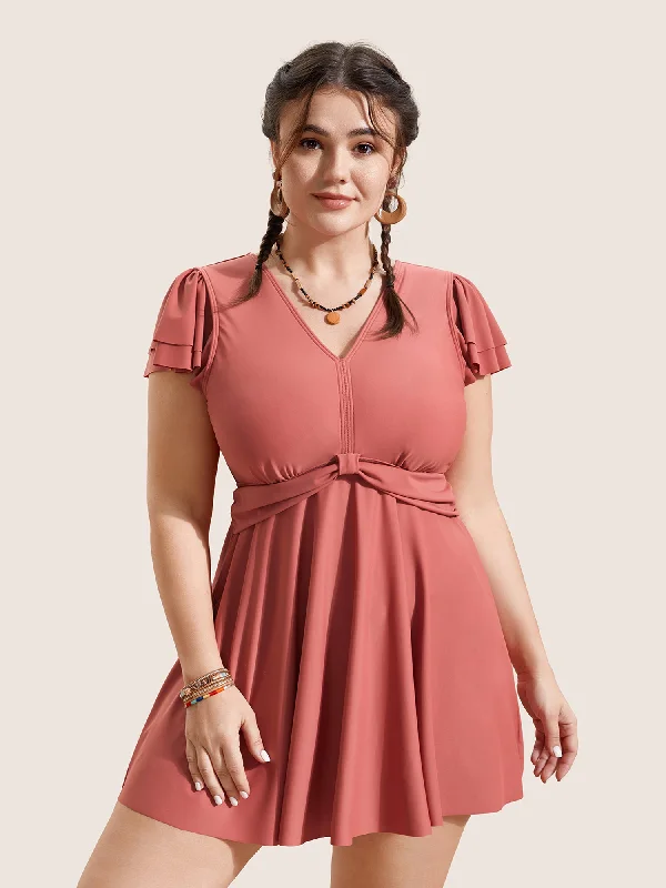 Flash Sale Event Solid Gathered Tiered Ruffle Sleeve Swim Dress