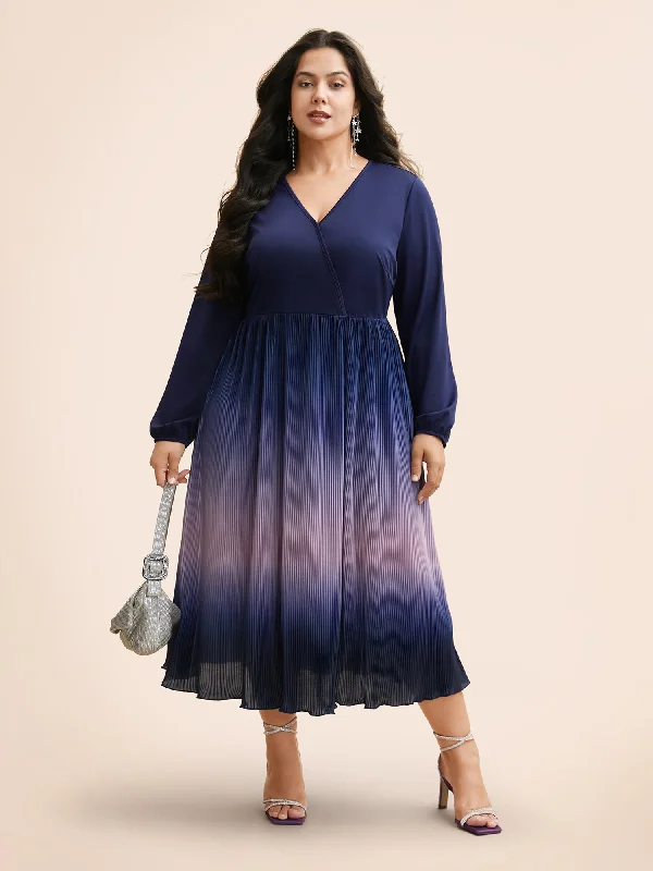 Women's High-Fashion Clothes Overlap Collar Ombre Patchwork Pleated Dress