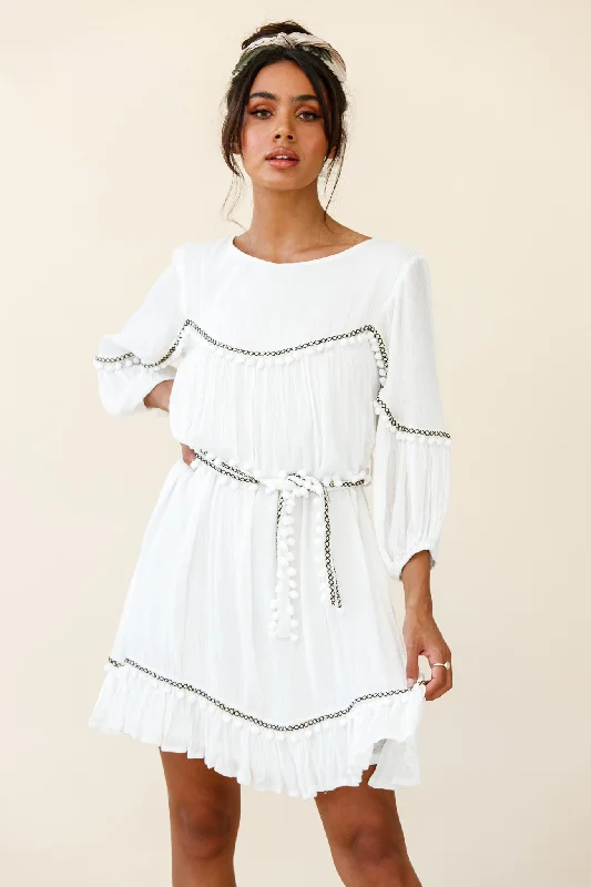 Timeless Women's Clothes Marionette Three-Quarter Sleeve Pom-Pom Dress White