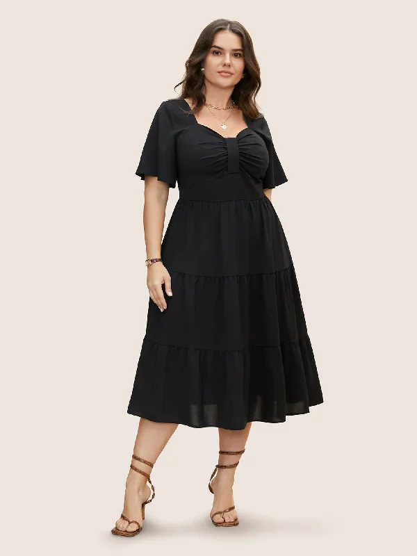 Online Boutiques Best Heart Neckline Ruched Ruffle Layered Hem Dress