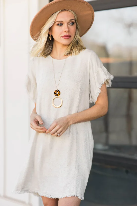 Fashion-forward Women's Clothing Never Alone Oatmeal Brown Ruffled Dress
