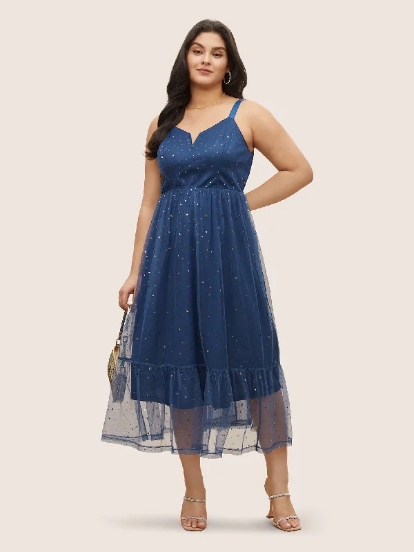 Women's Stylish Casual Garments Moon & Star Sequin Layered Hem Notched Cami Dress