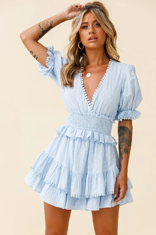 Rocker Chic Fashion Nerissa Puff Sleeve Shirred Waist Dress Spotty Blue
