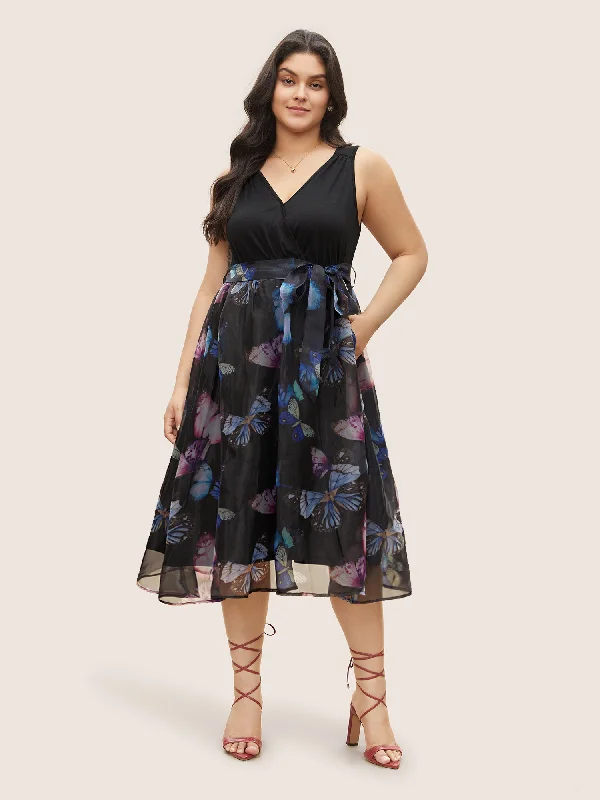 Women's Comfortable Lounge Garments Butterfly Mesh Patchwork Wrap Belted Dress