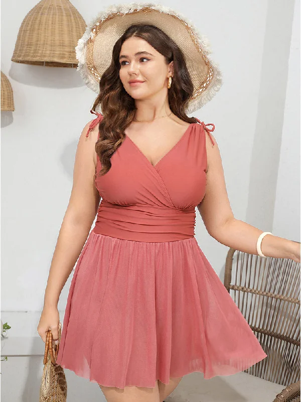 Women's Casual Dresses Ruched Wrap Mesh Hem Drawstring Shoulder Swim Dress