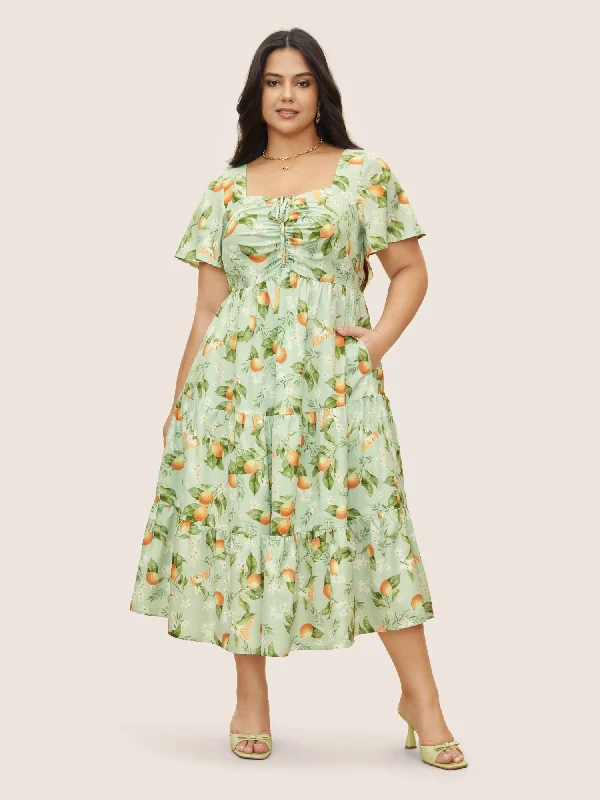 High Street Women's Fashion for Trendy Shoppers Citrus Orange Print Heart Neckline Drawstring Gathered Dress High Street Women's Fashion for Trendy Shoppers Citrus Orange Print Heart Neckline Drawstring Gathered Dress