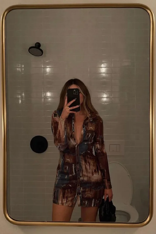 Chic Women's Clothing Pollock Brown Button Up Mesh Dress