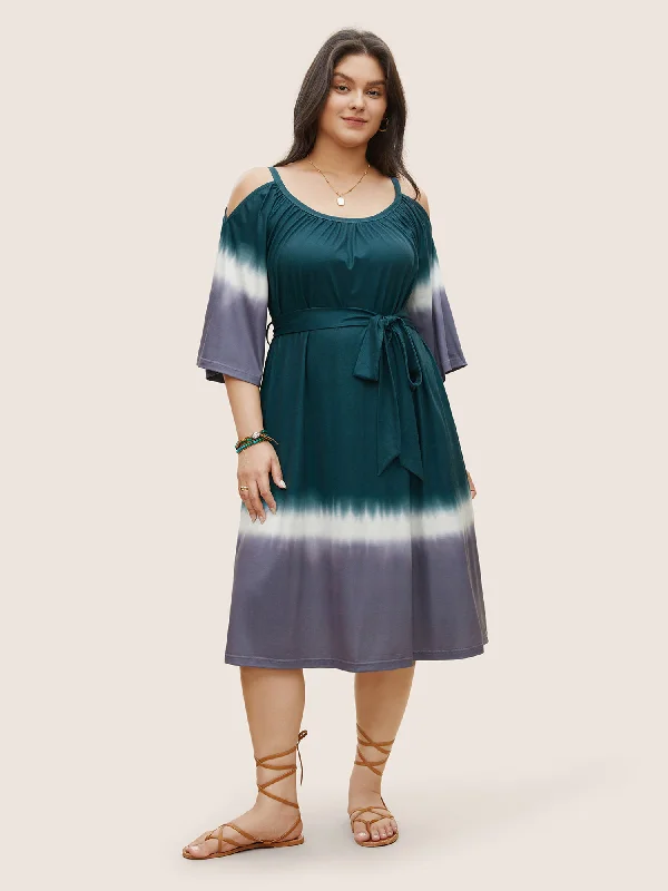 Elegant Clothing For Women Tie Dye Gathered Cold Shoulder Belted Dress