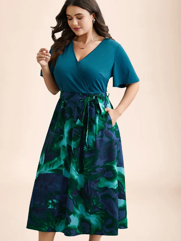 Affordable Women's Clothing Sale Online Tropical Print Wrap Neck Waist-Tie Dress