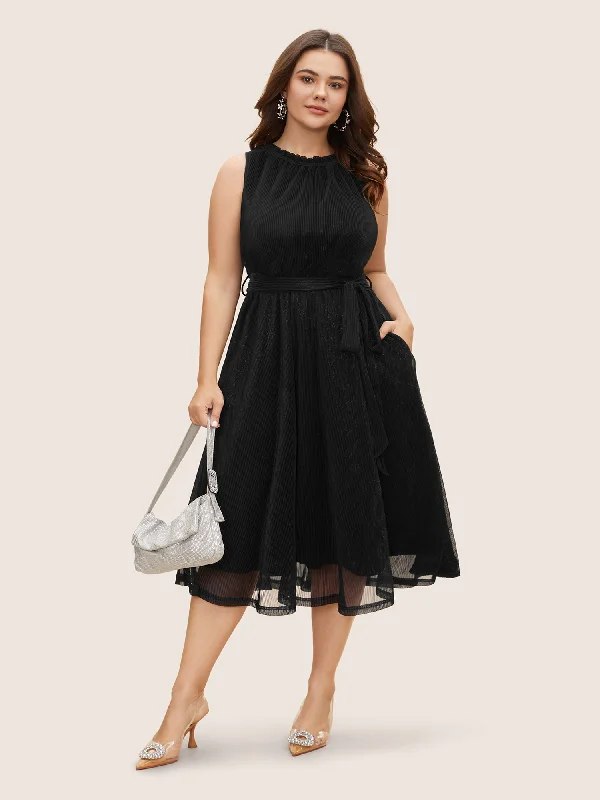 Women's Formal Event Outfit Stand Collar Luxe Belted Tank Dress