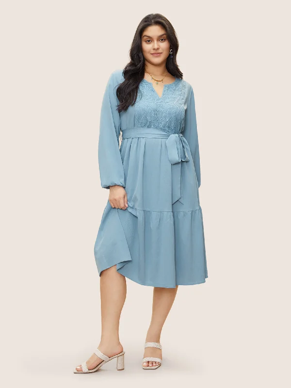 Women's Contemporary Clothing Geometric Hollow Out Notched Ruffle Layered Hem Dress