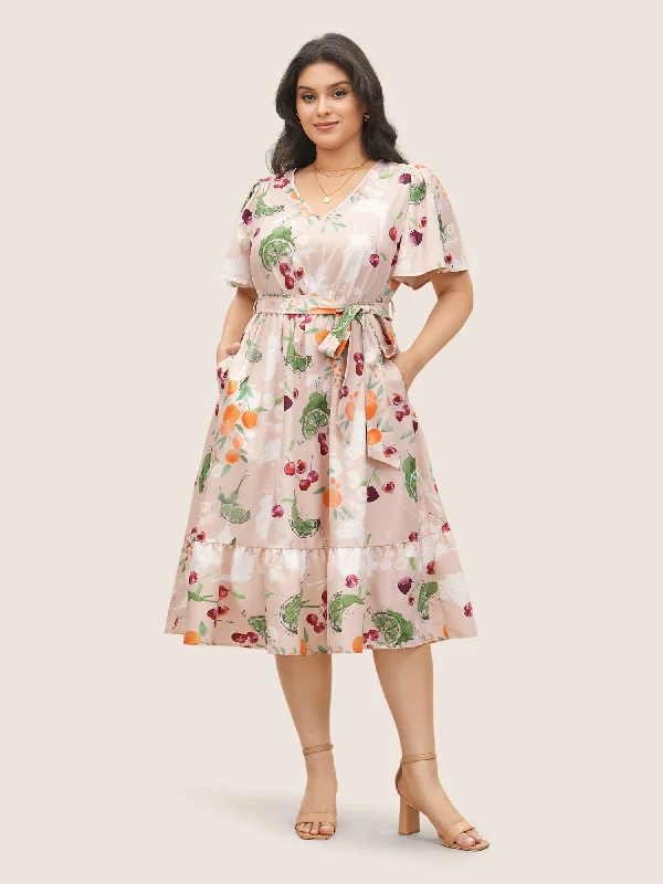 Charming Women's Garments Citrus Fruits Print Elastic Waist Belted Pocket Dress