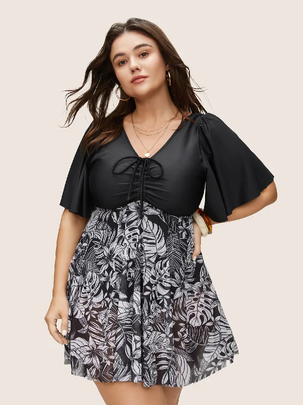Relaxed Fit Women's Fashion Tropical Print Flutter Sleeve Drawstring Swim Dress