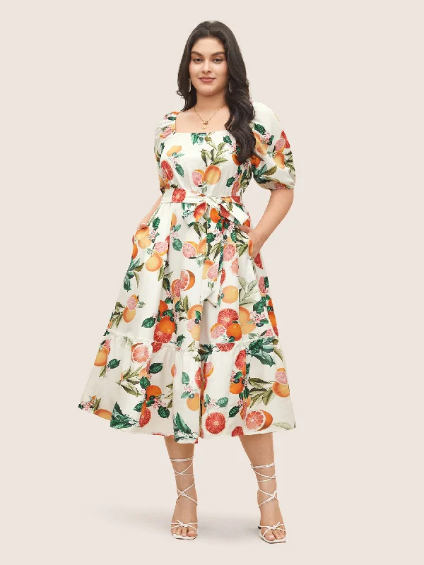 Clothing Sale Citrus Orange Print Belted Frill Trim Gathered Dress