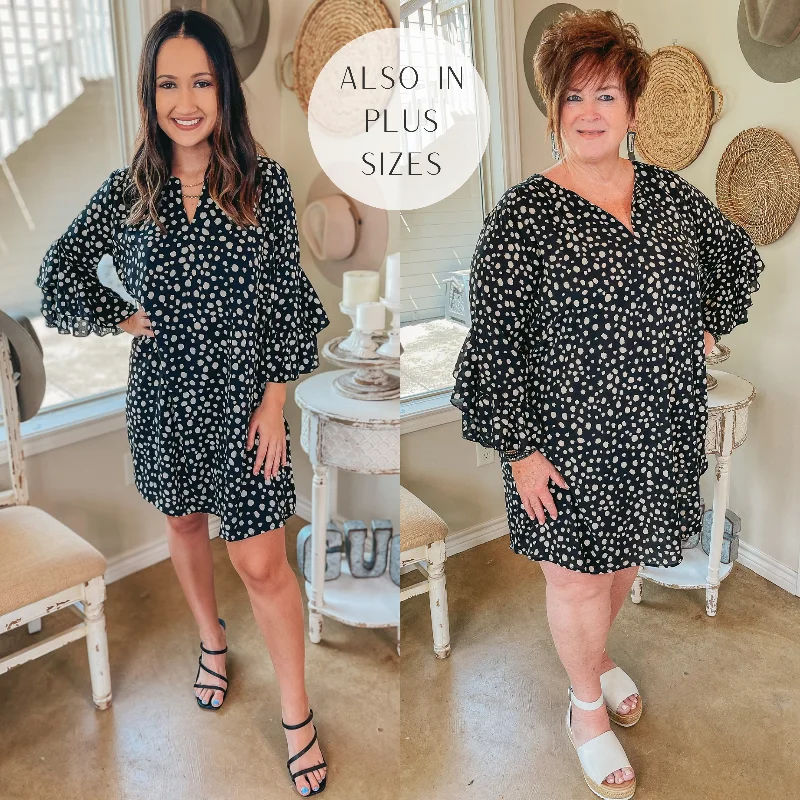 Casual Clothing for Women Last Chance Size Small | It's A Date Notched V-Neck Dotted Dress with Bell Sleeves in Black Casual Clothing for Women Last Chance Size Small | It's A Date Notched V-Neck Dotted Dress with Bell Sleeves in Black