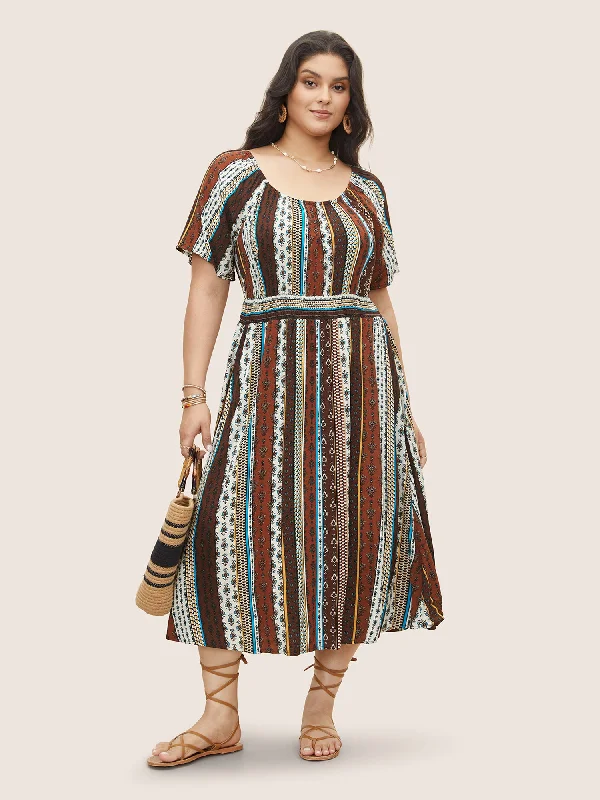 Classic Women's Clothing Styles Bandana Striped Shirred Raglan Sleeve Dress