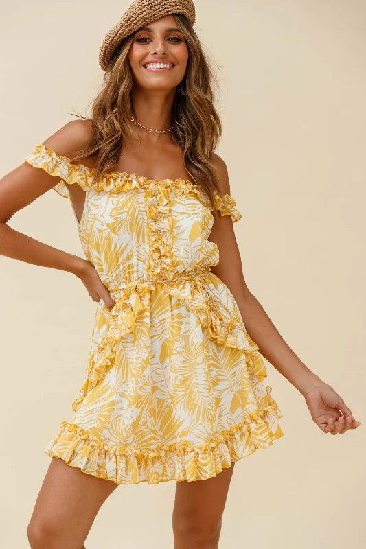 Women's Clothing Sets Sail Away Off-Shoulder Frill Accent Dress Tropical Print Yellow Women's Clothing Sets Sail Away Off-Shoulder Frill Accent Dress Tropical Print Yellow