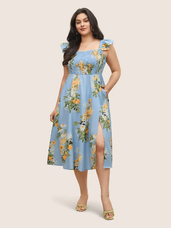 Women's Clothes Citrus Oranges Print Shirred Ruffle Trim Split Hem Dress