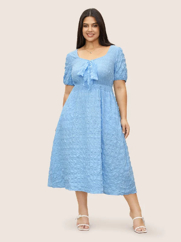 Designer Women's Fashion Online Citrus Plain Texture Shirred Tie Knot Lantern Sleeve Dress Designer Women's Fashion Online Citrus Plain Texture Shirred Tie Knot Lantern Sleeve Dress