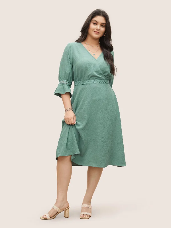 Women's Fashion Clothing Solid Eyelet Lace Surplice Neck Ruffle Sleeve Dress