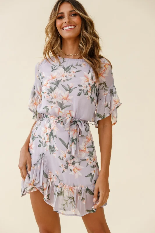 Casual Women's Clothing Online Azealia Ruffle Hem Dress Flower Print Purple