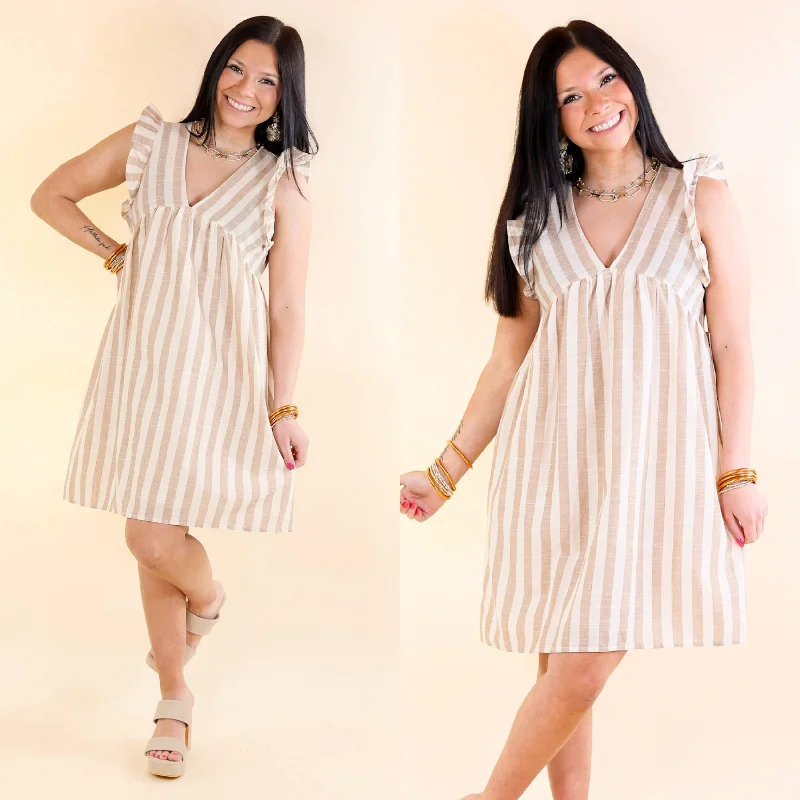 Women's Vintage Garments Easy Going Striped Babydoll Dress with Ruffle Cap Sleeves in Taupe