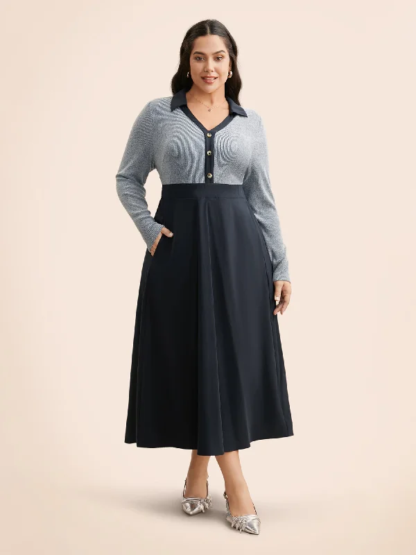 Cheap Women's Clothing Online Contrast Shirt Collar Button Detail Dress
