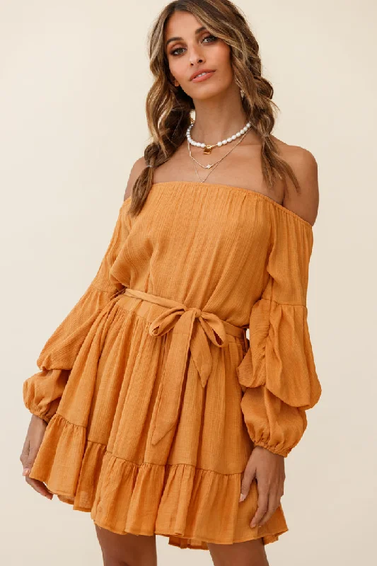 Workwear Fashion for Women Frida Off-Shoulder Waist Tie Dress Tan