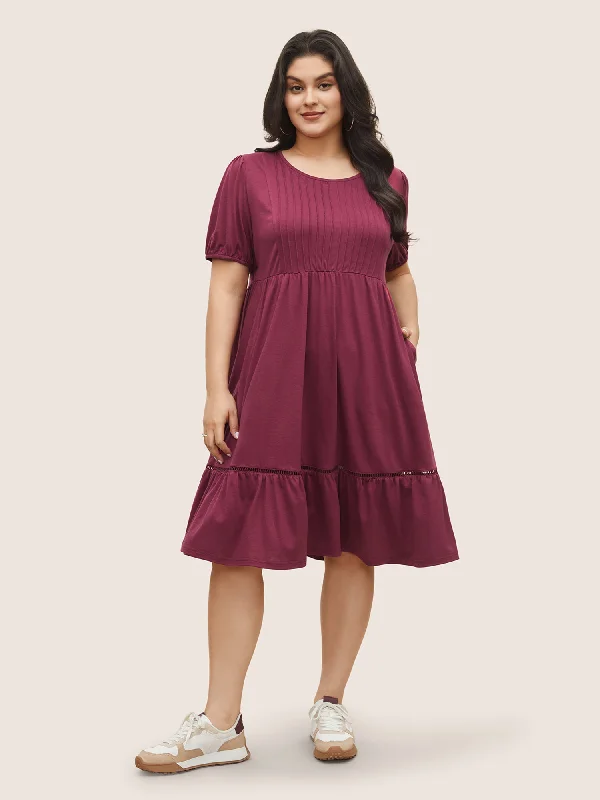 Women's Sporty Chic Clothes Supersoft Essentials Plain Pleated Patchwork Ruffle Hem Dress
