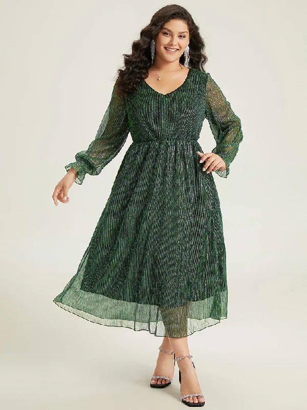 End of Season Sale Plain Texture Elastic Waist Shirred Mesh Dress