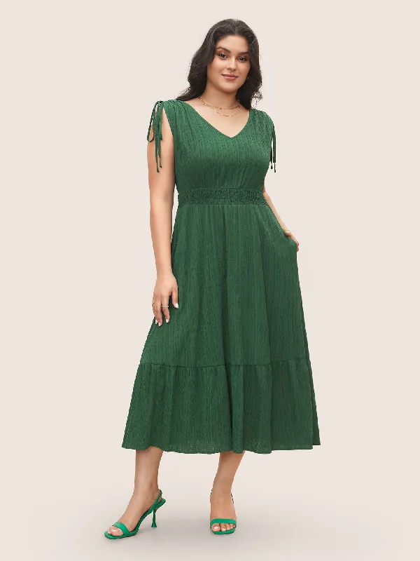 Chic Casual Style Solid Texture Shirred Drawstring sleeve Dress